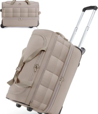 40L Rolling Duffle Bag with Wheels and Handle, TSA Underseat Carry On Bags for Travel with Shoe Compartment, Khaki