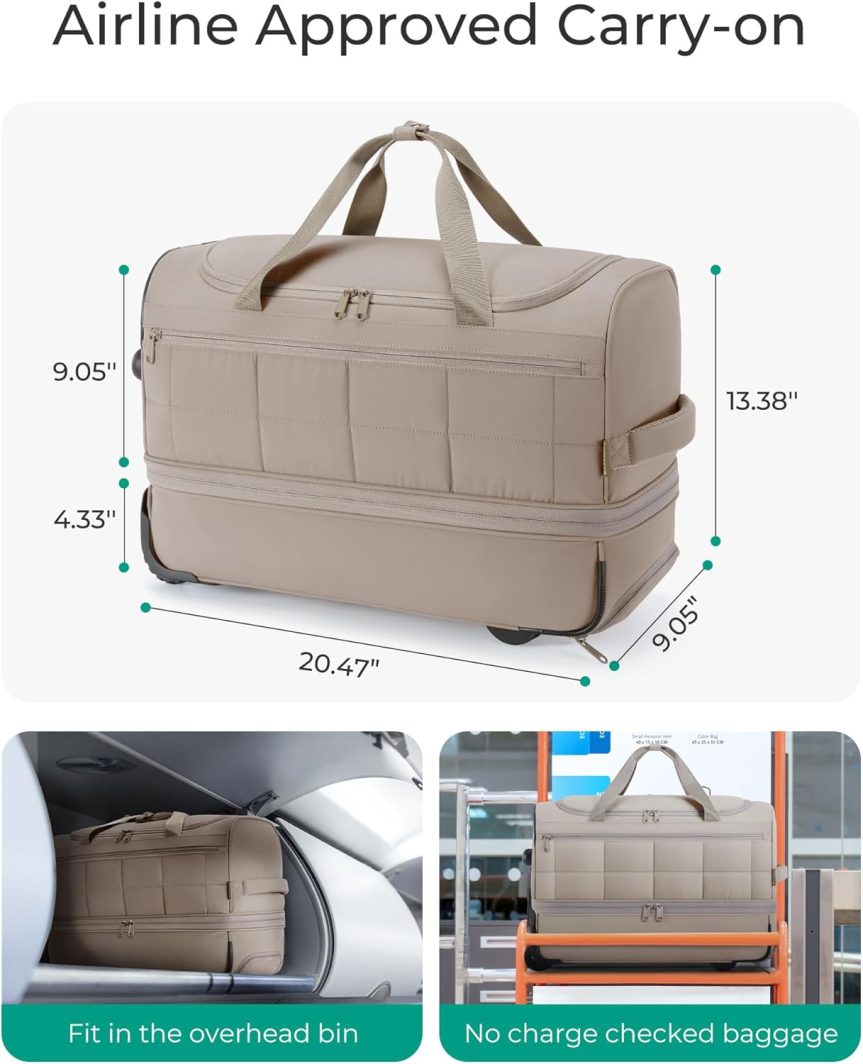 40L Rolling Duffle Bag with Wheels and Handle, TSA Underseat Carry On Bags for Travel with Shoe Compartment, Khaki - Image 2