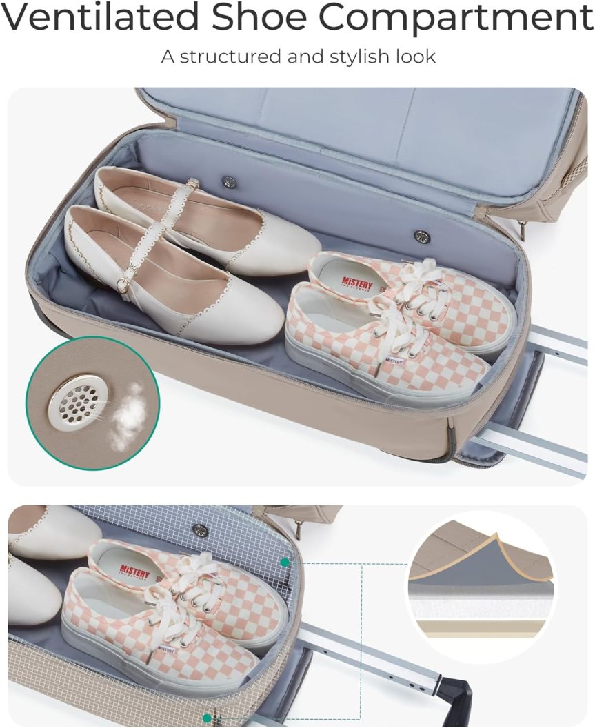 40L Rolling Duffle Bag with Wheels and Handle, TSA Underseat Carry On Bags for Travel with Shoe Compartment, Khaki - Image 5
