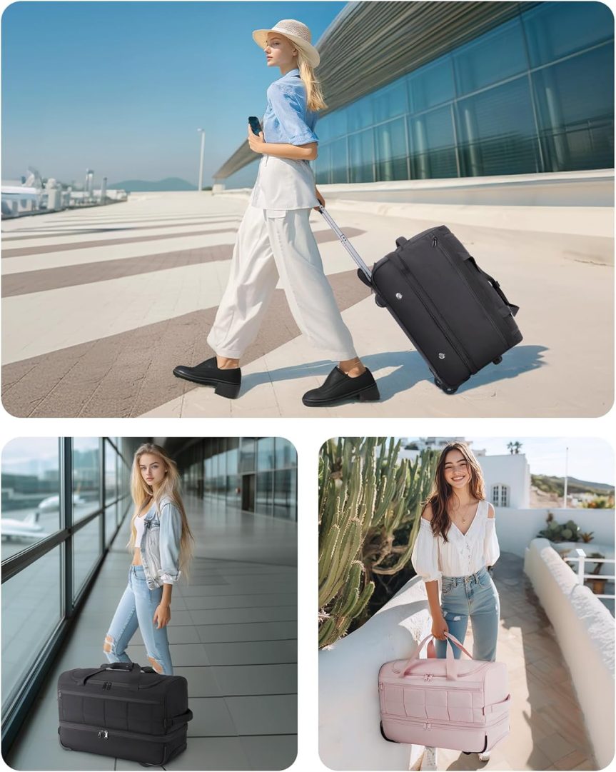 40L Rolling Duffle Bag with Wheels and Handle, TSA Underseat Carry On Bags for Travel with Shoe Compartment, Khaki - Image 6