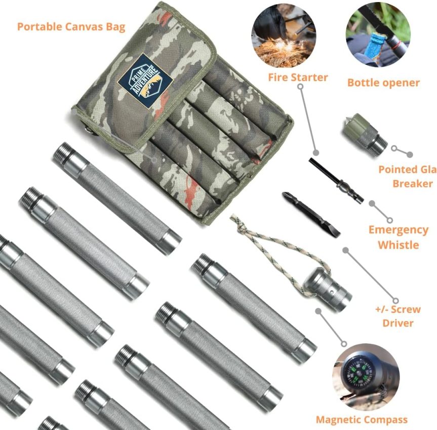 Hiking Tactical Stick Walking Staff - Outdoor Multitool Gear Trekking Pole Collapsible Retractable Premium 15 in 1 | 8 Tubes - Image 2